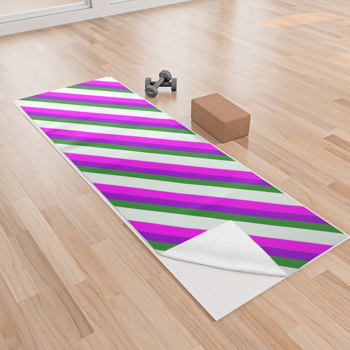 Eye-catching Fuchsia, Dark Violet, Forest Green, Mint Cream, and Light Grey Colored Stripes Pattern Yoga Towel