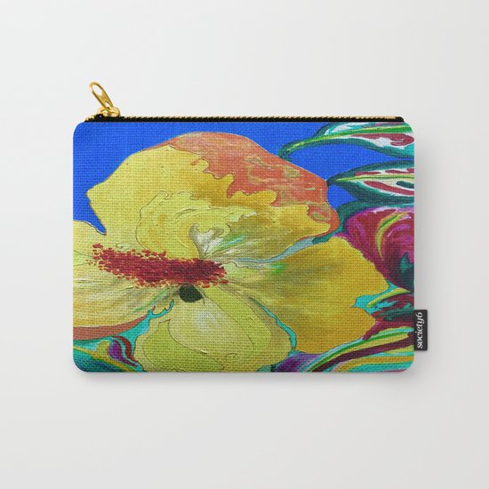 Birthday Acrylic Yellow Orange Hibiscus Flower Painting with Red and Green Leaves Carry-All Pouch