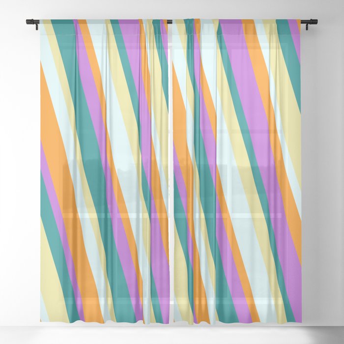 Eye-catching Orchid, Teal, Tan, Light Cyan, and Dark Orange Colored Pattern of Stripes Sheer Curtain