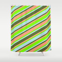 [ Thumbnail: Green, Powder Blue, Dark Olive Green, and Light Salmon Colored Lines/Stripes Pattern Shower Curtain ]