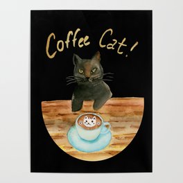 Black Cat Drinking Coffee Poster