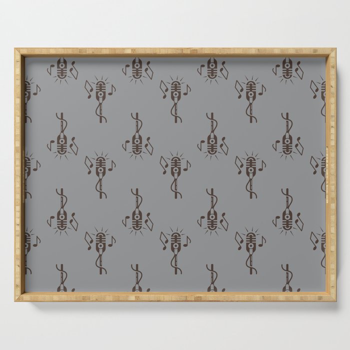 Black Retro Microphone Pattern on Silver Grey Serving Tray