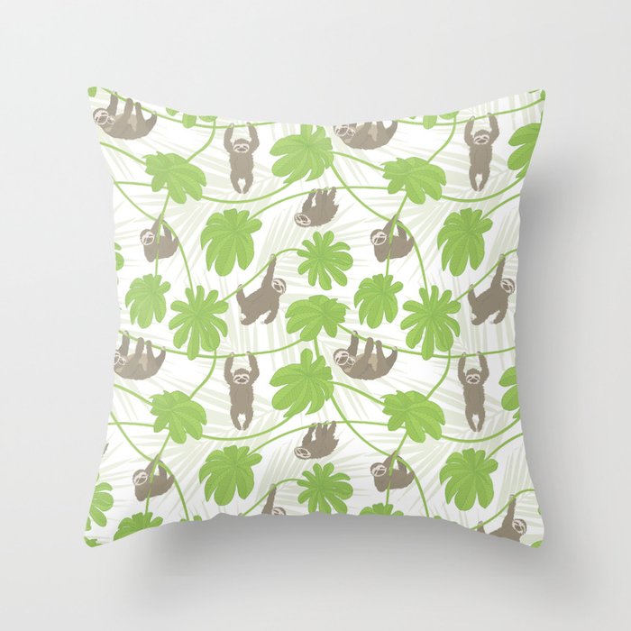 Happy Sloths and Cecropia leaves Throw Pillow