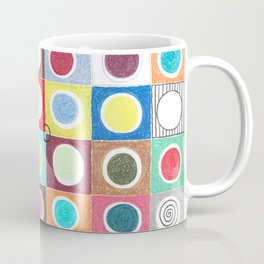 Abstract geometric colorful grid colored pencil original drawing of mysterious symbols and half circles.  Mug