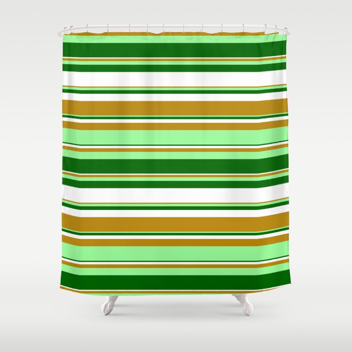 Dark Goldenrod, Green, Dark Green, and White Colored Stripes Pattern Shower Curtain
