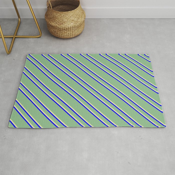 Dark Sea Green, Pale Goldenrod, and Blue Colored Striped Pattern Rug