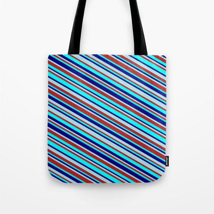 Powder Blue, Red, Aqua, and Blue Colored Lined Pattern Tote Bag