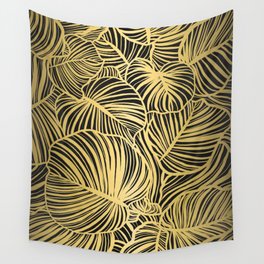 Jungle Leaves Outline - Gold + Charcoal Wall Tapestry