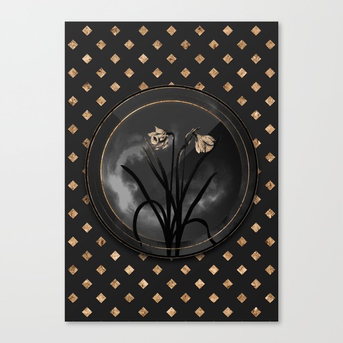 Shadowy Black Narcissus Candidissimus Botanical Art with Gold Art Deco Canvas Print