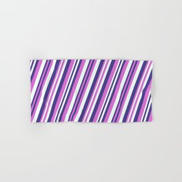 [ Thumbnail: Dark Slate Blue, Orchid, and Mint Cream Colored Pattern of Stripes Hand & Bath Towel ]