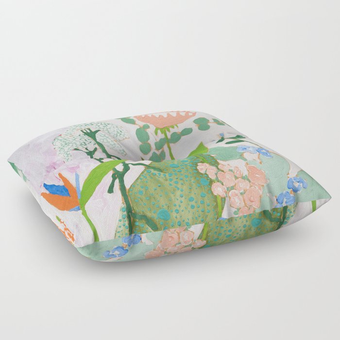 Multi Floral Painting on Pink and White Background Floor Pillow