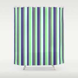 [ Thumbnail: Dark Slate Blue, Light Cyan, Green, and Gray Colored Lines/Stripes Pattern Shower Curtain ]