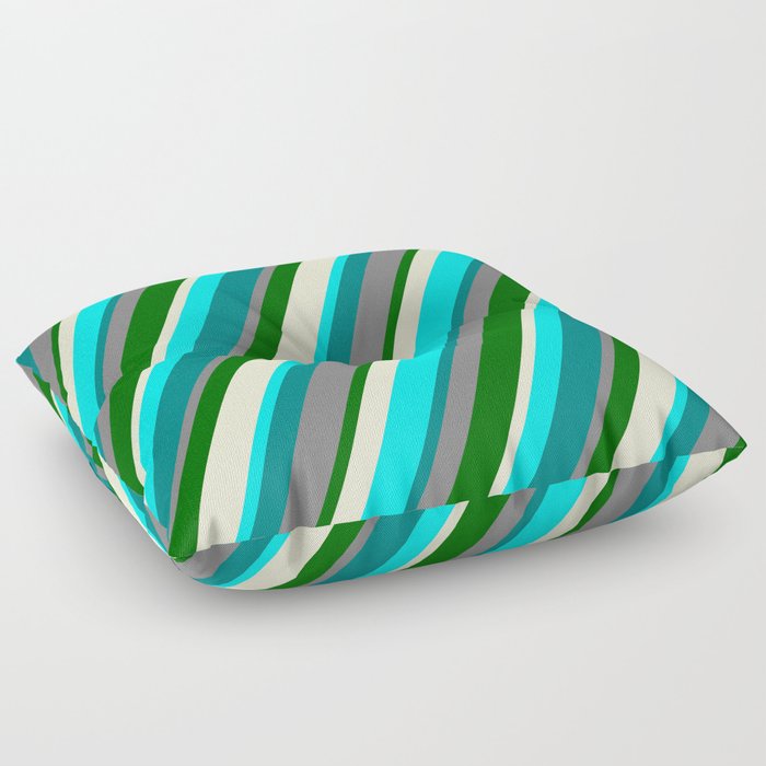 Vibrant Gray, Dark Green, Light Yellow, Aqua, and Teal Colored Lines Pattern Floor Pillow