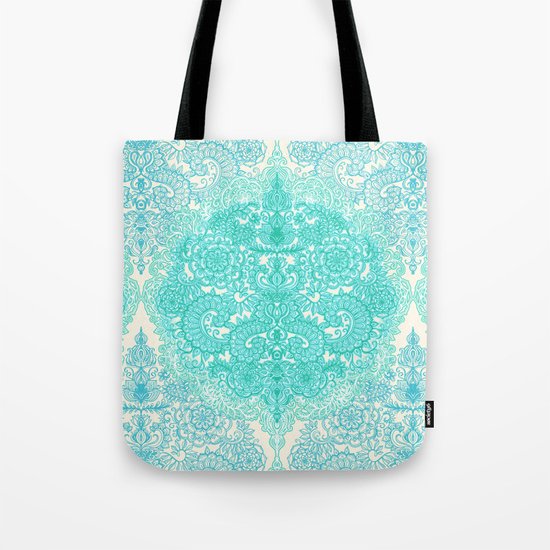 Happy Place Doodle in Mint Green & Aqua Tote Bag