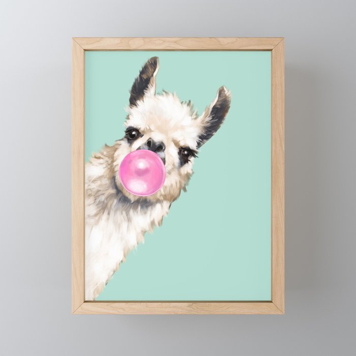 Bubble Gum Sneaky Llama in Green Framed Mini Art Print