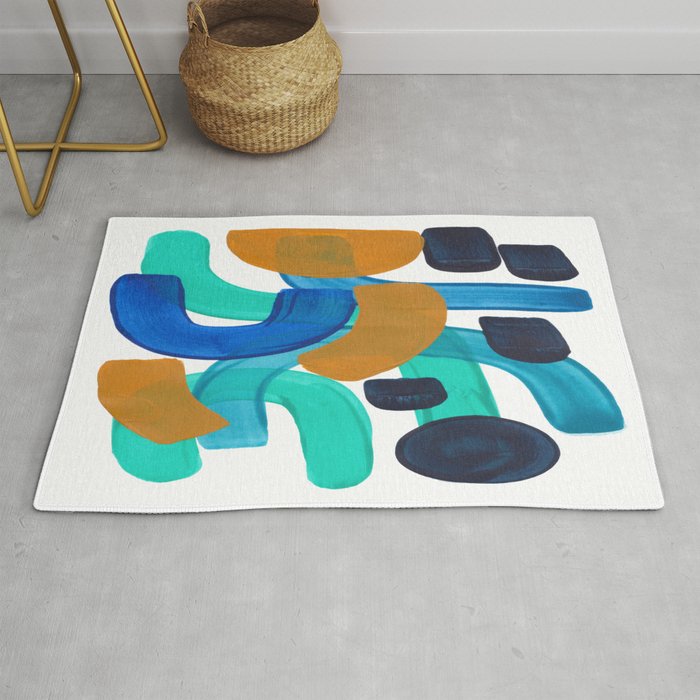 Minimalist Abstract Mid Century Modern Colorful Shapes Marine Green Teal Blue Yellow Pattern Rug