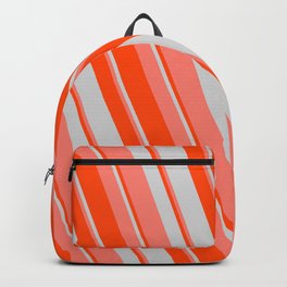 [ Thumbnail: Red, Light Grey & Salmon Colored Striped/Lined Pattern Backpack ]
