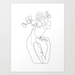 Blooming Dreamer in black and white / Minimalistic flower and female portrait line drawing / Explicit Design  Art Print