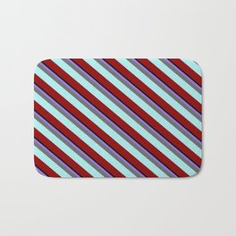 [ Thumbnail: Eye-catching Purple, Dim Gray, Turquoise, Dark Red, and Black Colored Lined Pattern Bath Mat ]