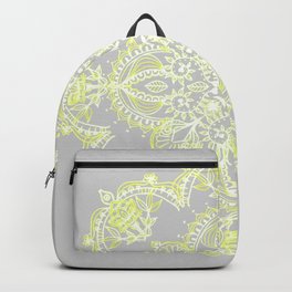 Pale Lemon Yellow Lace Mandala on Grey Backpack