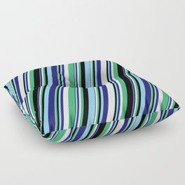 [ Thumbnail: Eyecatching White, Sea Green, Black, Light Sky Blue, and Midnight Blue Colored Stripes Pattern Floor Pillow ]