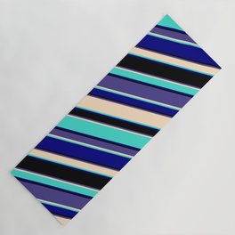 [ Thumbnail: Eye-catching Dark Slate Blue, Bisque, Turquoise, Blue, and Black Colored Lined/Striped Pattern Yoga Mat ]
