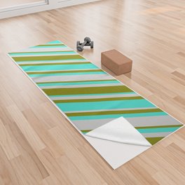 [ Thumbnail: Turquoise, Light Grey & Green Colored Lines/Stripes Pattern Yoga Towel ]