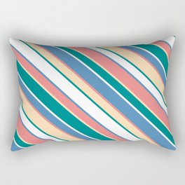 [ Thumbnail: Light Coral, Tan, Teal, White & Blue Colored Striped/Lined Pattern Rectangular Pillow ]