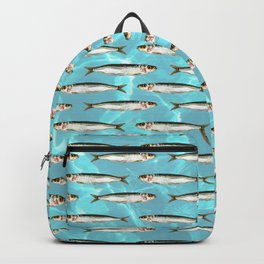 Sardines in the pool Backpack | Turquoise, Sea, Graphicdesign, Silver, Pattern, Water, Under The Sea, Fishing, Fish, Waves 
