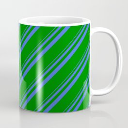 [ Thumbnail: Royal Blue and Green Colored Stripes/Lines Pattern Coffee Mug ]