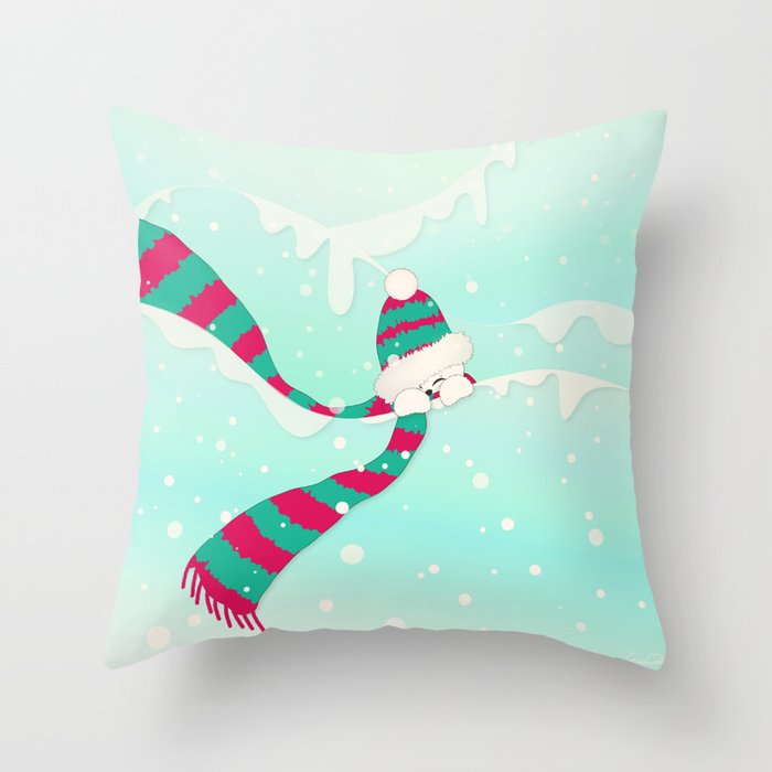 Christmas Peekaboo Snowman I - Mint Blue Snowy Background Throw Pillow