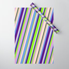 [ Thumbnail: Vibrant Bisque, Cornflower Blue, Indigo, Chartreuse & Plum Colored Lines Pattern Wrapping Paper ]