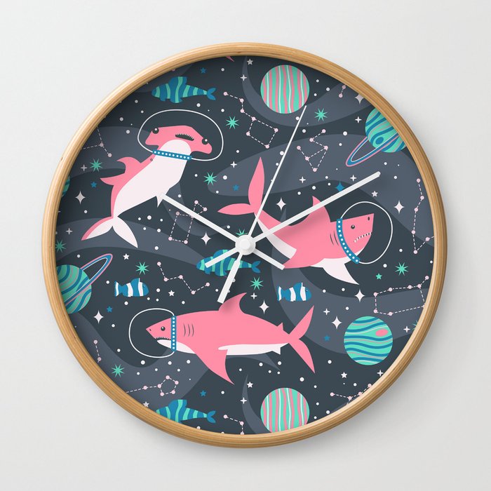 Pink Space Sharks Wall Clock
