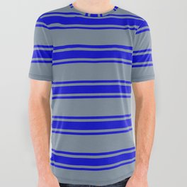 [ Thumbnail: Light Slate Gray and Blue Colored Striped Pattern All Over Graphic Tee ]