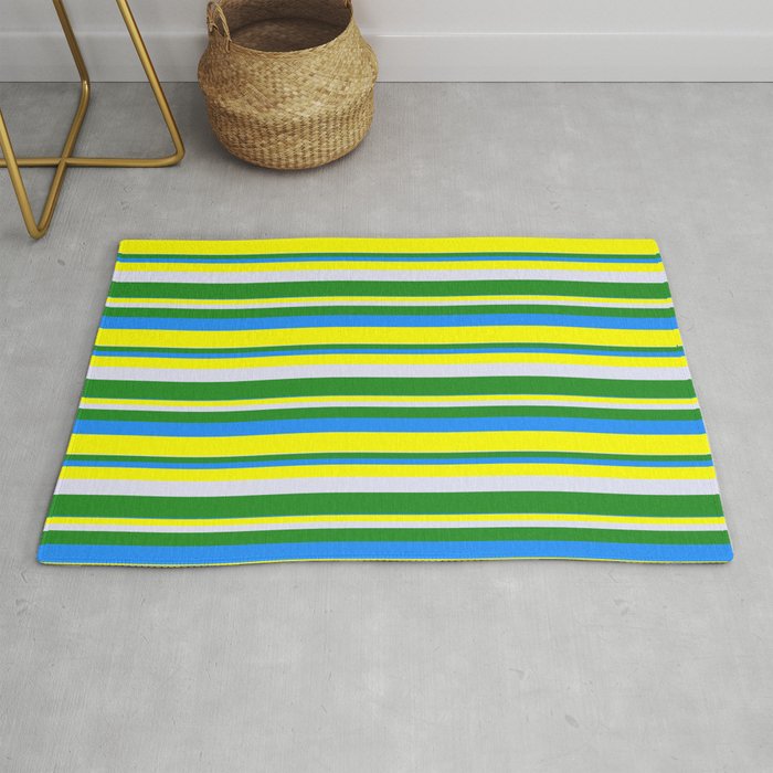 Lavender, Forest Green, Blue & Yellow Colored Striped Pattern Rug