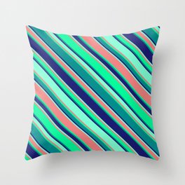 [ Thumbnail: Eyecatching Green, Dark Cyan, Midnight Blue, Aquamarine & Light Coral Colored Lines Pattern Throw Pillow ]