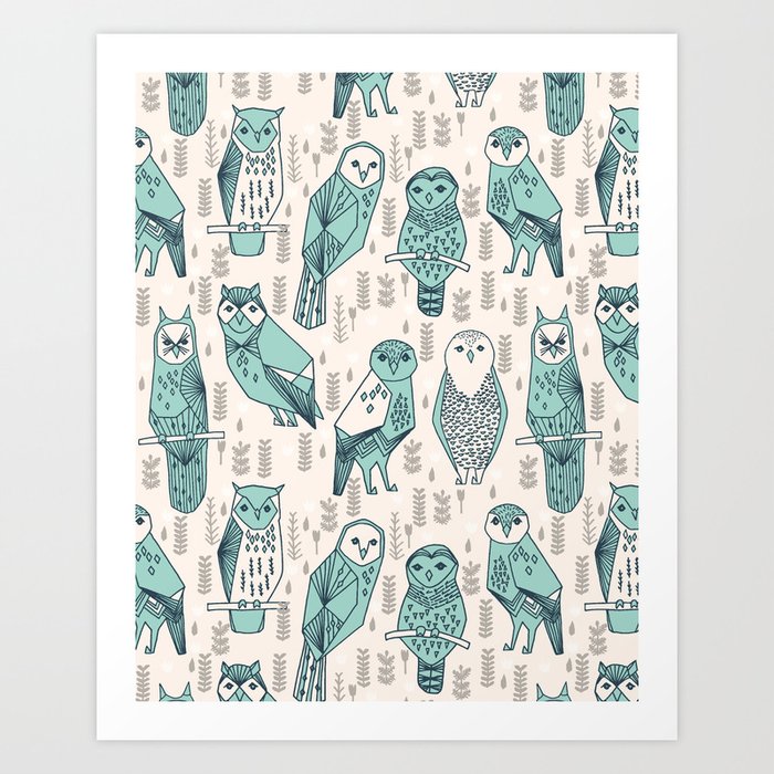 Parliament of Owls - Pale Turquoise by Andrea Lauren Art Print