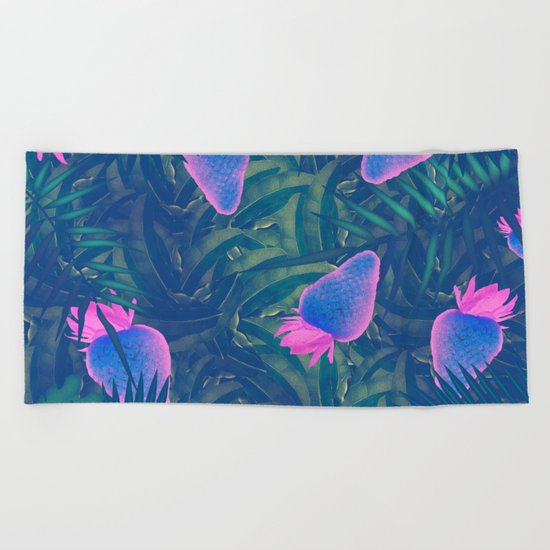 Neon Strawberries in the Night #1 Beach Towel