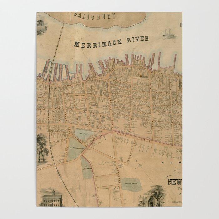 Vintage Map of Newburyport MA (1851) Poster by BravuraMedia Society6