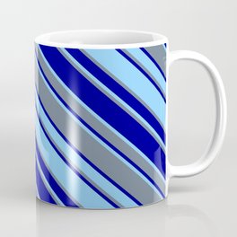 [ Thumbnail: Light Sky Blue, Slate Gray, and Dark Blue Colored Striped/Lined Pattern Coffee Mug ]