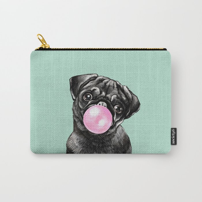 Bubble Gum Black Pug in Green Carry-All Pouch