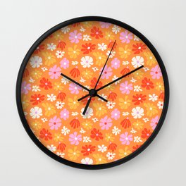 70s Groovy Flower Pattern Orange Wall Clock