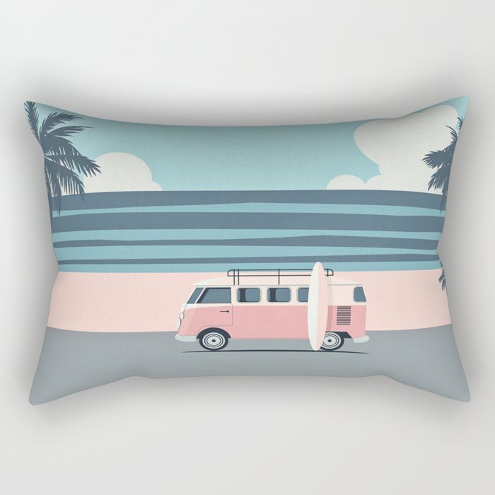 Surfer Graphic Beach Palm-Tree Camper-Van Art Rectangular Pillow