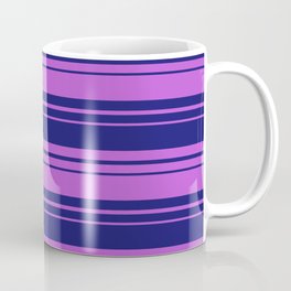 [ Thumbnail: Midnight Blue & Orchid Colored Lined/Striped Pattern Coffee Mug ]
