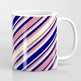 [ Thumbnail: Light Coral, Light Yellow, and Blue Colored Lined/Striped Pattern Coffee Mug ]