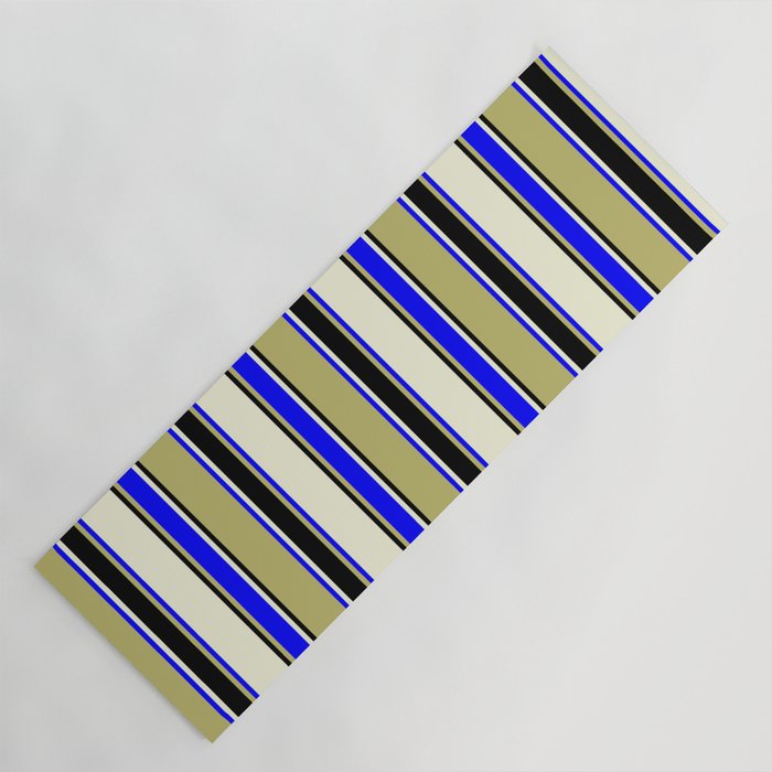 Dark Khaki, Blue, Beige, and Black Colored Stripes/Lines Pattern Yoga Mat