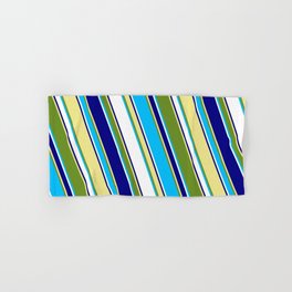 [ Thumbnail: Eyecatching Green, Deep Sky Blue, White, Blue, and Tan Colored Stripes/Lines Pattern Hand & Bath Towel ]