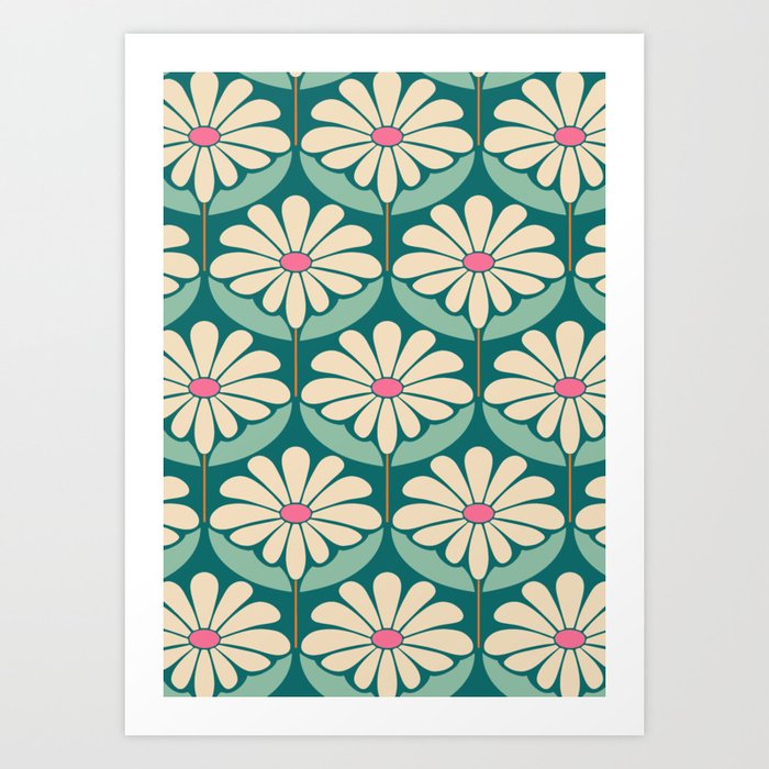 Flower Power - Teal, Pink and Off-white Art Print