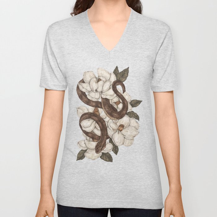 Snake and Magnolias V Neck T Shirt