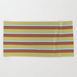 [ Thumbnail: Slate Blue, Sienna, Dark Khaki & Turquoise Colored Stripes Pattern Beach Towel ]